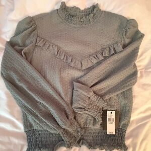 Smocked Ruffle Textured Long Sleeve Top - Olive